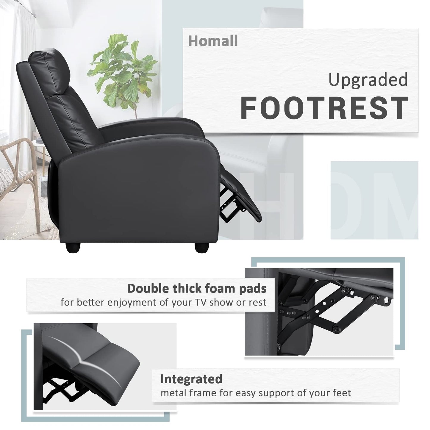 Homall Modern Recliner Chair Padded Seat Pu Leather for Living Room Single Sofa Recliner Seat Club Chair Home Theater Seating (Black)
