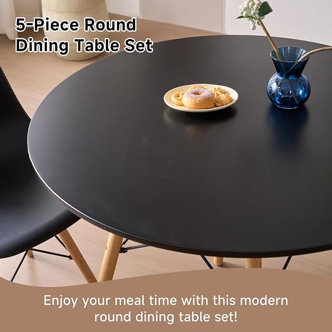 31.5'' 5 Piece Round Dining Table Set for 4, Mid-Century Modern Table with Chairs, Space Saving, Plastic Seats, Wood Legs, Circle Dinner Table for Kitchen, Home, Apartment, Black