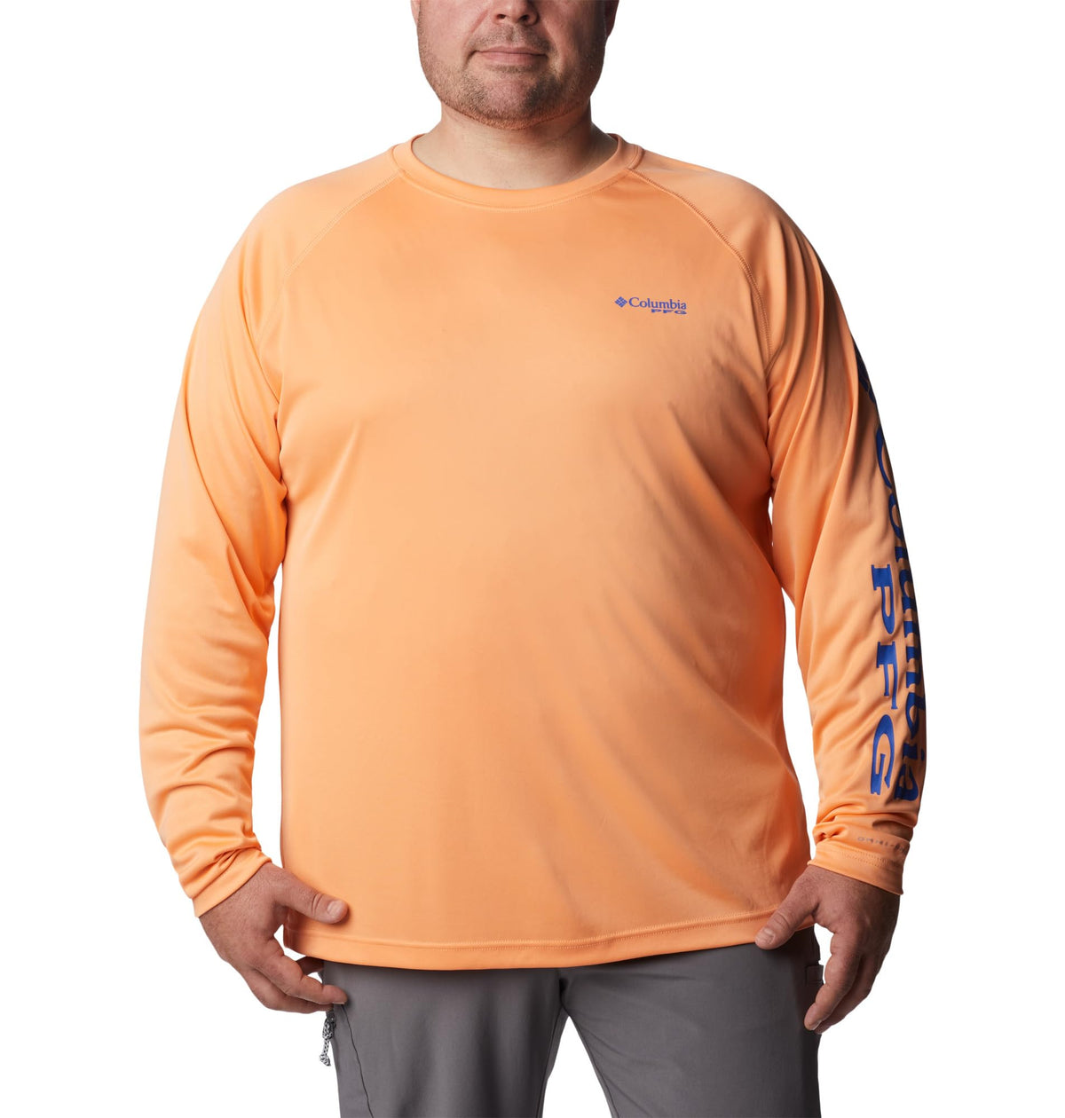 Columbia Men's PFG Terminal Tackle Long Sleeve Fishing Shirt, Bright Nectar/Vivid Blue Logo, Small