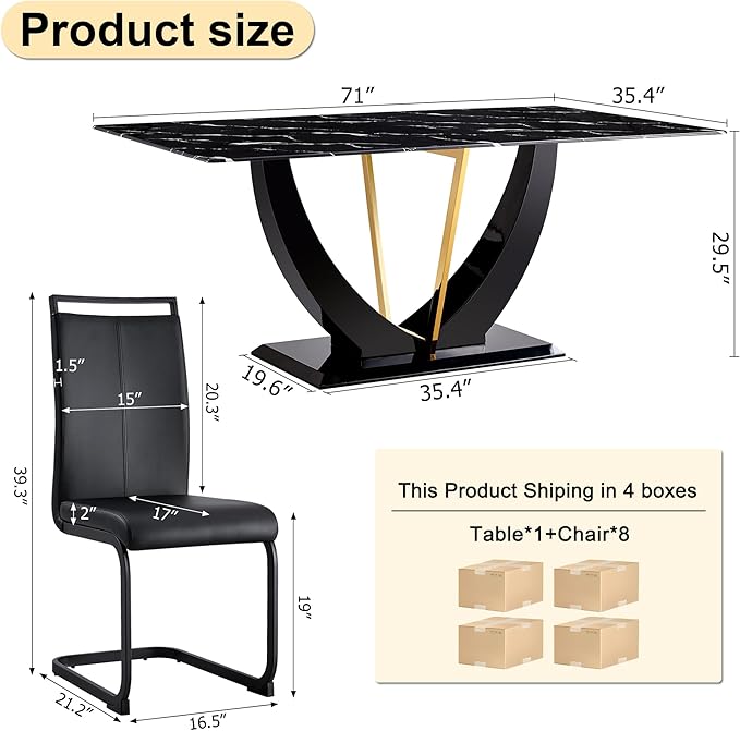 71" Dining Table Set for 8, Black Faux Marble Dining Room Table Set for 8, Large Rectangular Kitchen Table Set and PU Leather Chairs,Glossy Tempered Glass Table with Black Leg