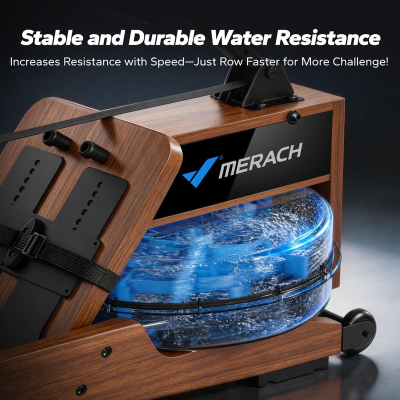 MERACH Water Rowing Machines for Home, Wood Rower Machine with 12 Enhanced Resistance Blades, Upgraded Handle, Adjustable Footpad, Dedicated Monitor & Bluetooth App