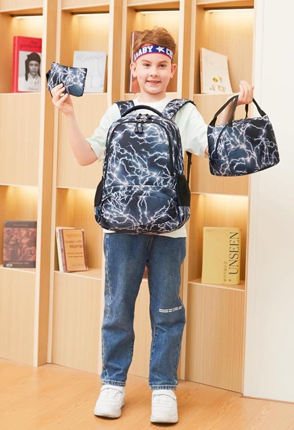 BABUN Backpack for Boys Middle Elementary Set for Kids Bookbag Lightning Laptop School Bags Waterproof With Lunch Box Bag (2-Black)