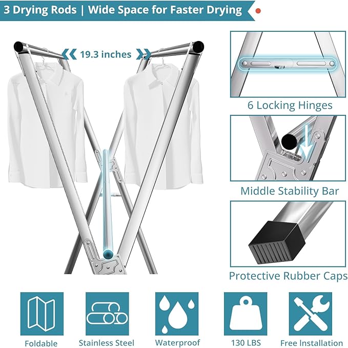 JAUREE 63 Inches Clothes Drying Rack, Drying Rack Clothing Folding Indoor Outdoor, Heavy Duty Stainless Steel Laundry Rack, Foldable Portable Large Clothes Rack Garment Rack with 20 Windproof Hooks