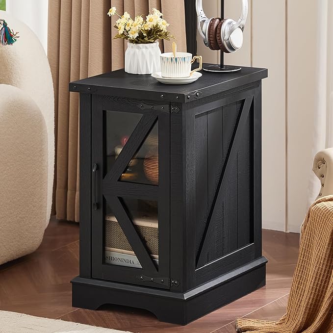 Farmhouse Coffee Table Sets 2 Pieces, Narrow Night Stand with Glass Barn Door Storage, Large Coffee Tables with Hidden Storage Organizer, Wood Furniture Sets for Living Room, Office, Black