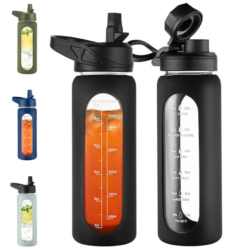 CIVAGO 24 oz Glass Water Bottle with Straw and Handle, Large Sports Motivational Water Bottle Flask with Time Marker and 2 Lids, Leakproof Jug Canteen with Silicone Sleeve for Gym, Black