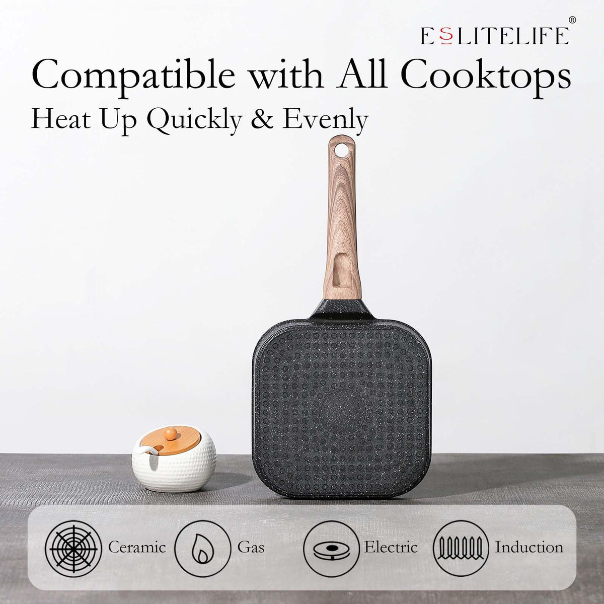 ESLITE LIFE Nonstick Grill Pan for Stove Tops, Versatile Griddle with Pour Spouts, 9.5 Inch Square Big Grilling Skillet Steak Pan for Indoor & Outdoor Cooking, PTFE & PFOA Free, Black