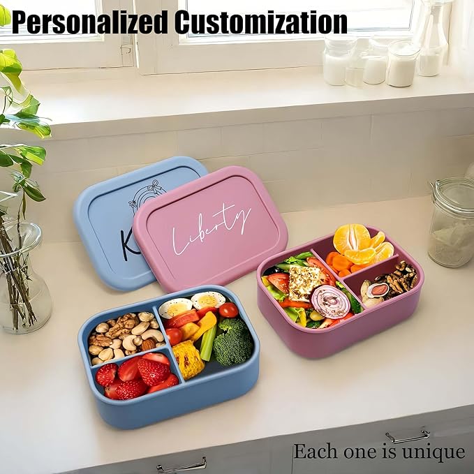 Blireana Custom Silicone Bento Box | Personalized Lunch Box with Engraved Name/Logo | Lunch Containers for Work Travel Outdoor with 3 Compartment