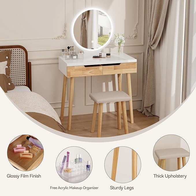 YOURLITE Makeup Vanity Desk with Lights,Small Vanity with Adjustable Brightness Mirror for Small Spaces, Dressing Table with Drawers (31.5", Circular Mirror Wood)