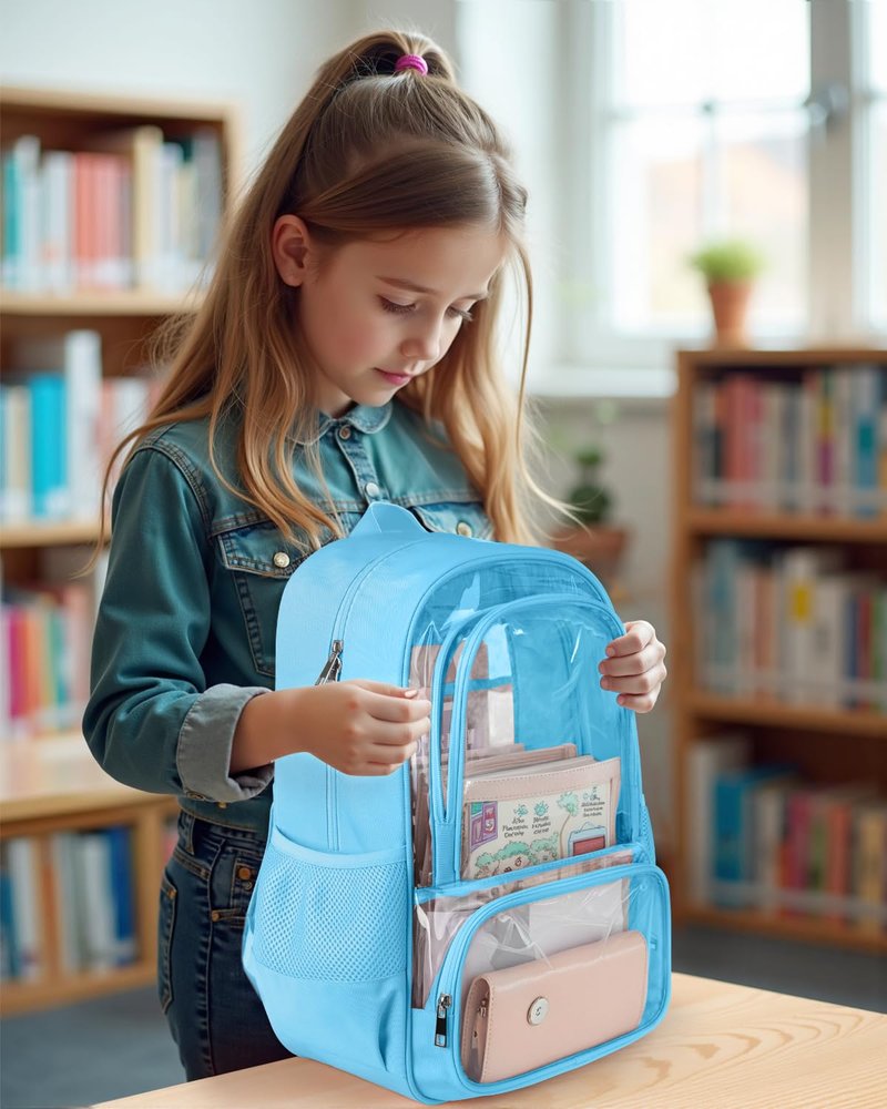 KIMNERPU Clear Backpack, Fabric & PVC Transparent Backpack with Reinforced Strap for Women Men, Heavy Duty Transparent Bookbag, Large Capacity Clear Bag, Travel, Security, Blue