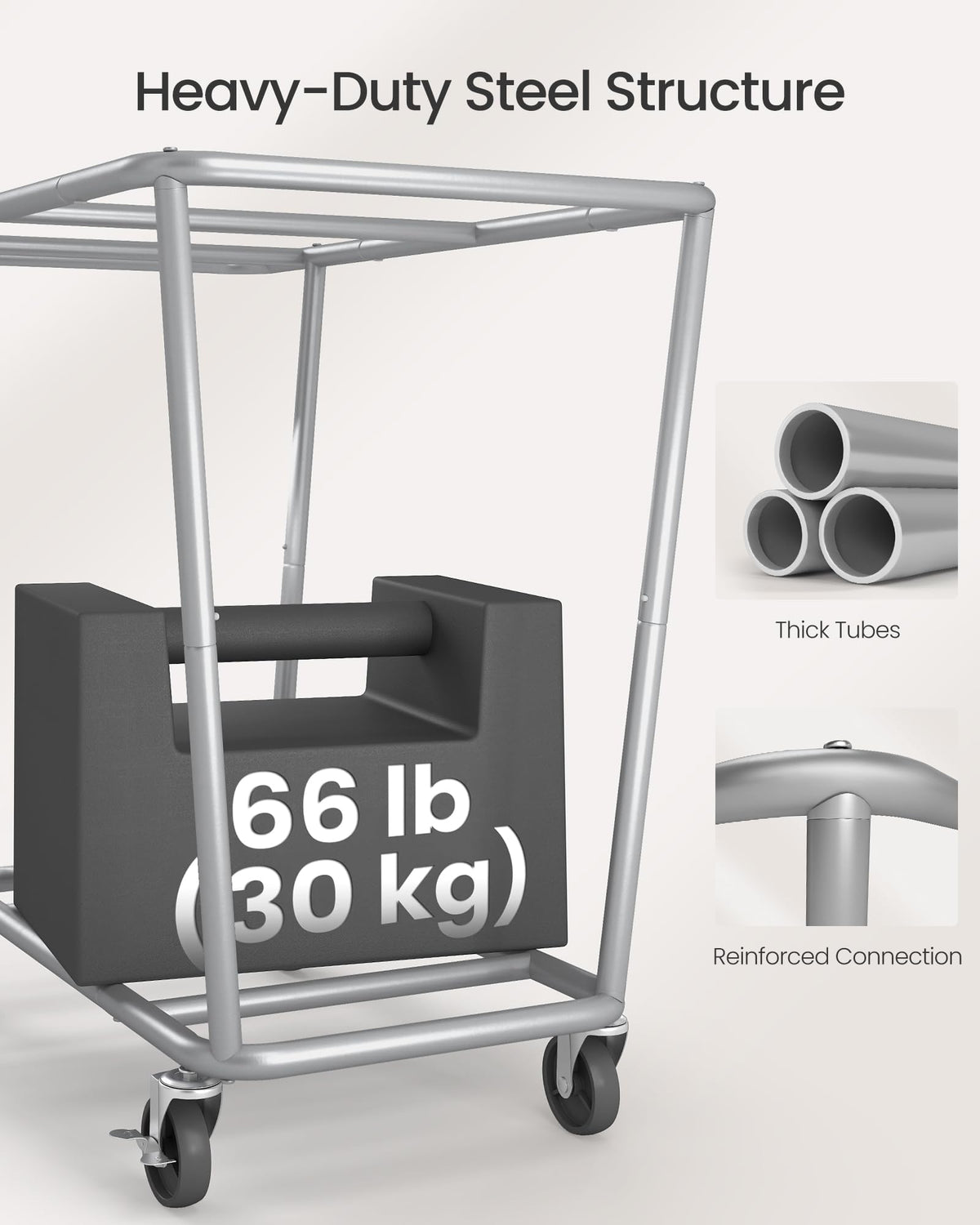 SONGMICS Laundry Basket with Wheels, 2-Section Laundry Sorter, 50.2 Gallons (190 L) Rolling Hamper with Removable Bags, Heavy-Duty Steel Frame, Cream White URLS009W01