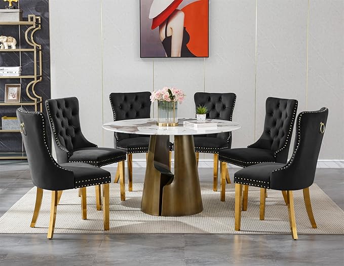 7-Piece Faux Marble Round Dining Table Set for 6, Modern Luxury Kitchen Table Set for 6 with Black Tufted Chairs,Circle Dining Tables with Pandora Grain Top and Bronze Pedestal Base