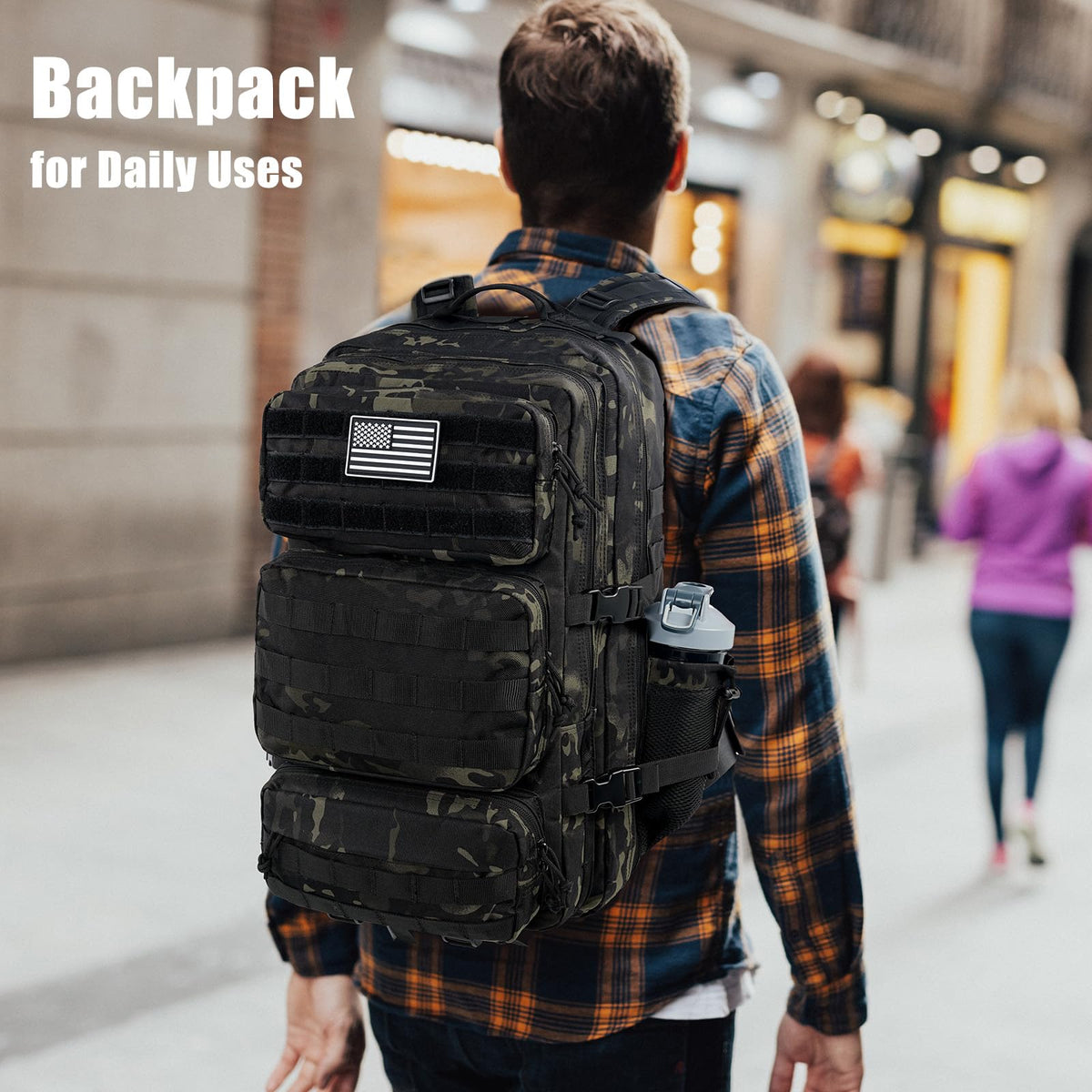kookoomia Military Tactical Backpack 25L Day Backpack for Men Molle Army 3 Days Assault Pack Bug Out Bag Water Resistant and Heavy Duty Hiking Treeking Rucksack - Black Camo