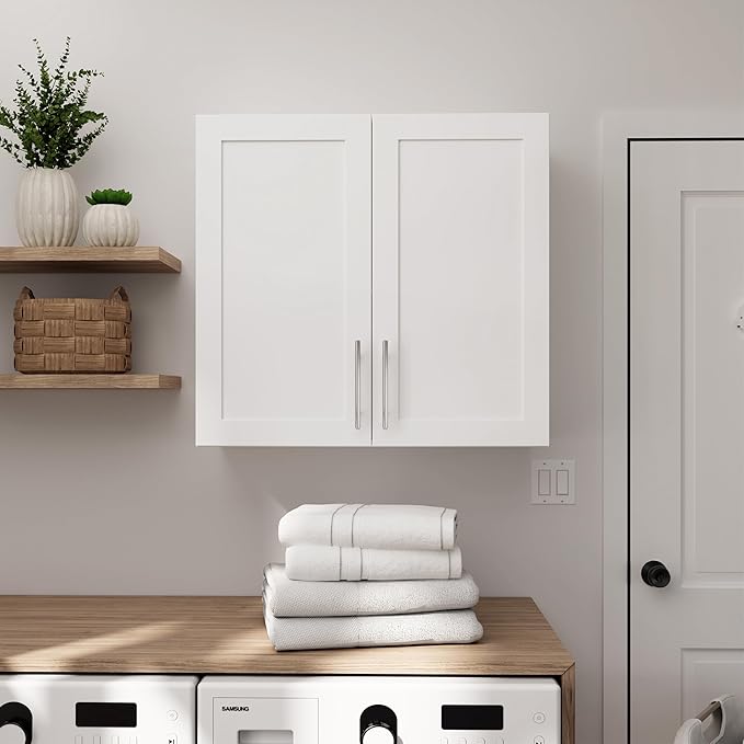 Prepac Elite 32'' Bathroom Wall Cabinet with Panel Doors, Wood Kitchen Pantry Cabinet, Wall Hanging Laundry Room Cupboard with 1 Adjustable Shelf for Kitchen, Laundry Room and Bathroom, White