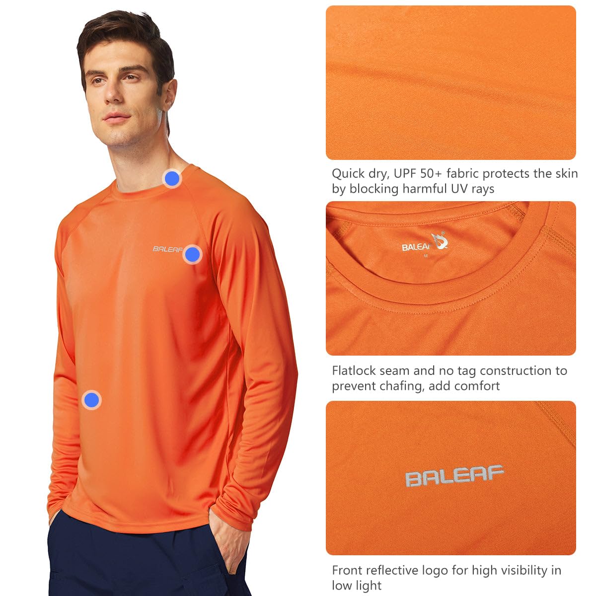 baleaf Mens UPF 50+ Sun Protection Shirts Long Sleeve Rash Guard, Quick Dry 4-Way Stretch for Fishing Swimming Surfing 01-Orange XL