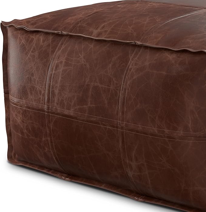 SIMPLIHOME Sheffield Coffee Table Pouf - 26 inch Wide Genuine Leather Square Ottoman in Distressed Brown, Boho-Style Footrest, Coffee Table, or Extra Seating for Living Room or Family Room, Assembled