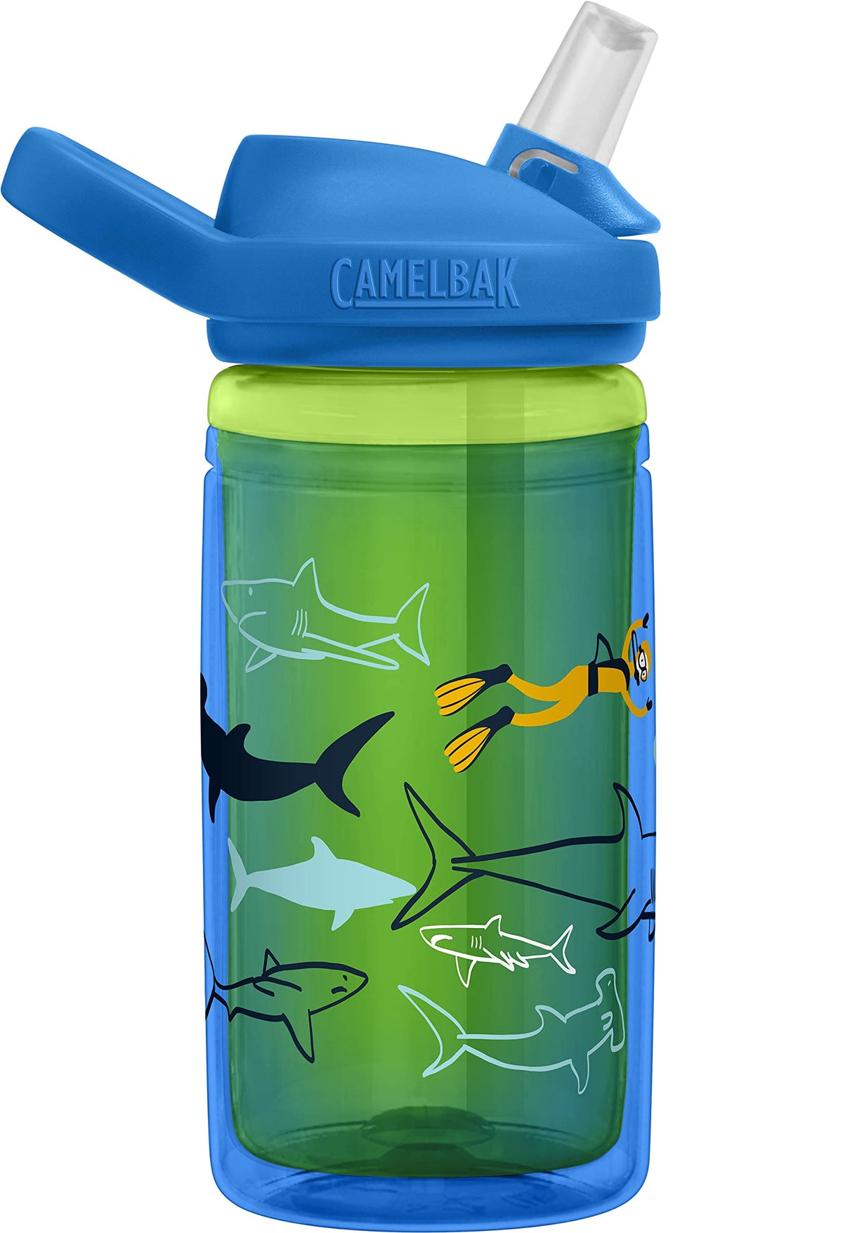 CamelBak Eddy+ Kids Water Bottle with Bite Valve Straw, Leakâ€‘Resistant Easyâ€‘Sip Design for Everyday Hydration, 14oz, Scuba Sharks