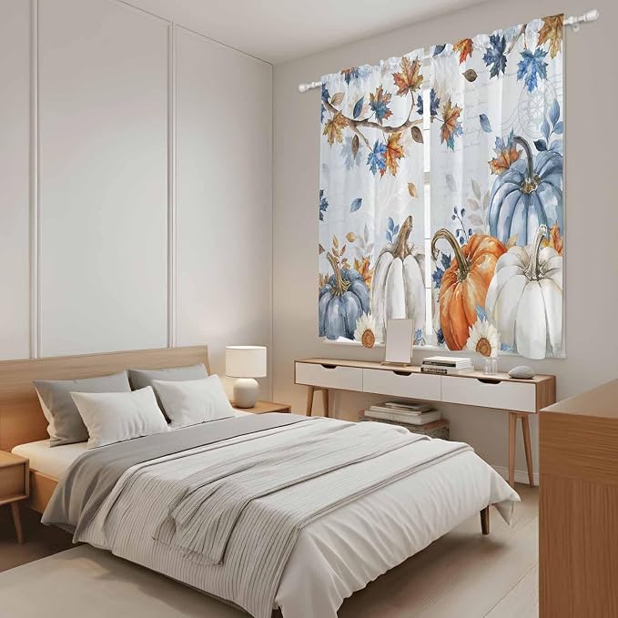 Fall Blue Maple Window Curtains 63 Inch Long 2 Panel Set, Rod Pocket Bedroom