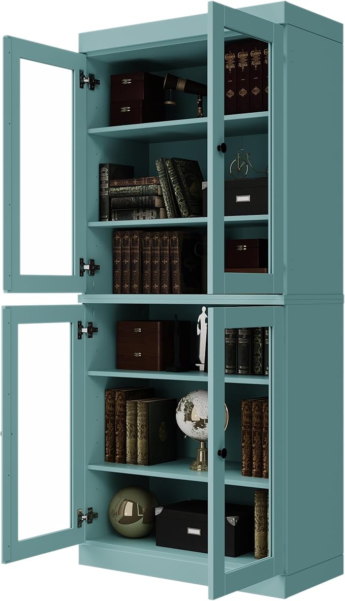 Palace Imports Solid Wood Bookcase - 6-Tier Tall Bookshelf, 71.5” H x 32” W - Aqua, Clear Glass Cabinet Doors & Adjustable Shelves for Living Room, 100% Renewable Eco-Friendly Wood, Made in Brazil