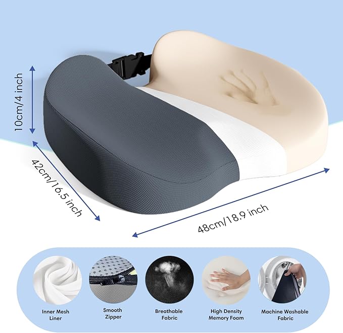 Large Memory Foam Seat Cushion for Office Chair, Car, Desk, Truck & Wheelchair - Tailbone, Coccyx & Sciatica Pain Relief Pillow - Ergonomic Back Support Portable Pad for Long Sitting & Driving