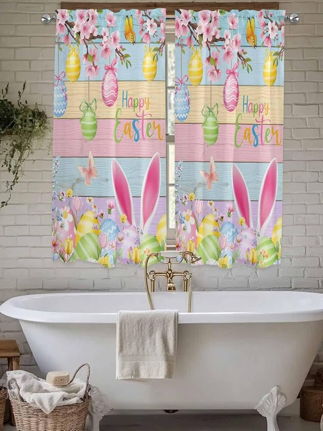 Colorful Easter Living Room Curtains 72 Inches length, Spring Watercolor Bunny