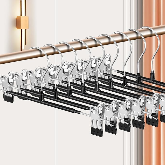 10 Pack 12Inch Heavy Duty Pants Skirt Hangers with Clips,Metal Trousers Hanger for Jeans Black Non Slip Women Shorts Hangers Saving Space Clothing Hanger for Adult,Men,Children,Kid,Baby