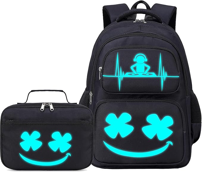 Boys Backpack with Lunch Box Glow in Dark Kids Ages 4-12 Kindergarten Elementary Middle School Teens Bookbag Mochilas Para Niños, Luminous Face Black