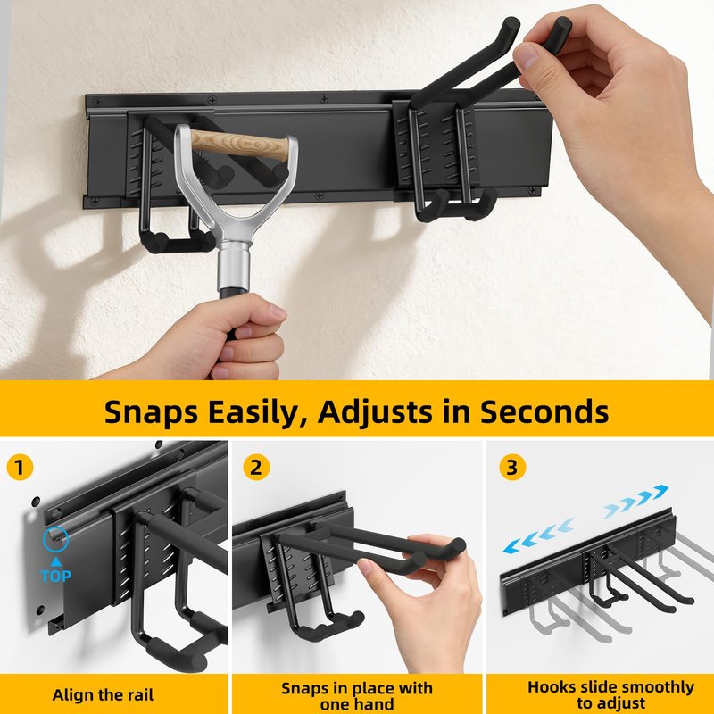 GRENPRO Garage Tool Organizer Wall Mount with 49.5 inches Rails and 6 Double-layer Hooks, Heavy Duty Tool Rack, Garage Storage Rack For Yard Tools