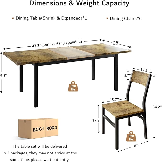 iPormis 7-Piece Dining Table & Chairs Set for 4-6, 63" Extendable Kitchen Table with 6 Chairs, Dining Room Table with MDF Board & Metal Frame, Perfect for Small Space,Easy Assembly, Rustic Brown