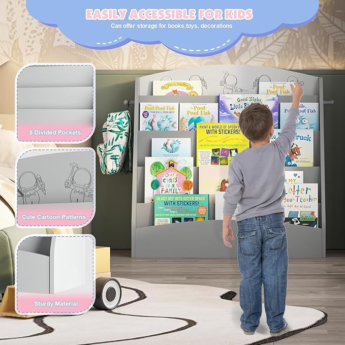 5-Tier Kids Bookshelf Montessori Toddler Book Rack Baby Bookcase Floor Front Facing Magazine Display Shelf for Bedroom Playroom Nursery Classroom Kindergarten Wood (Gray)