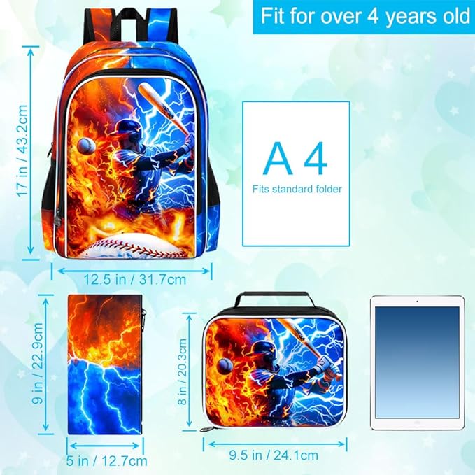 gxtvo 3PCS Boys Baseball Backpack, 17" Kids Bookbag with Lunch Box, Water Resistant Middle Elementary School Bag - Fire & Lightning Baseball Player