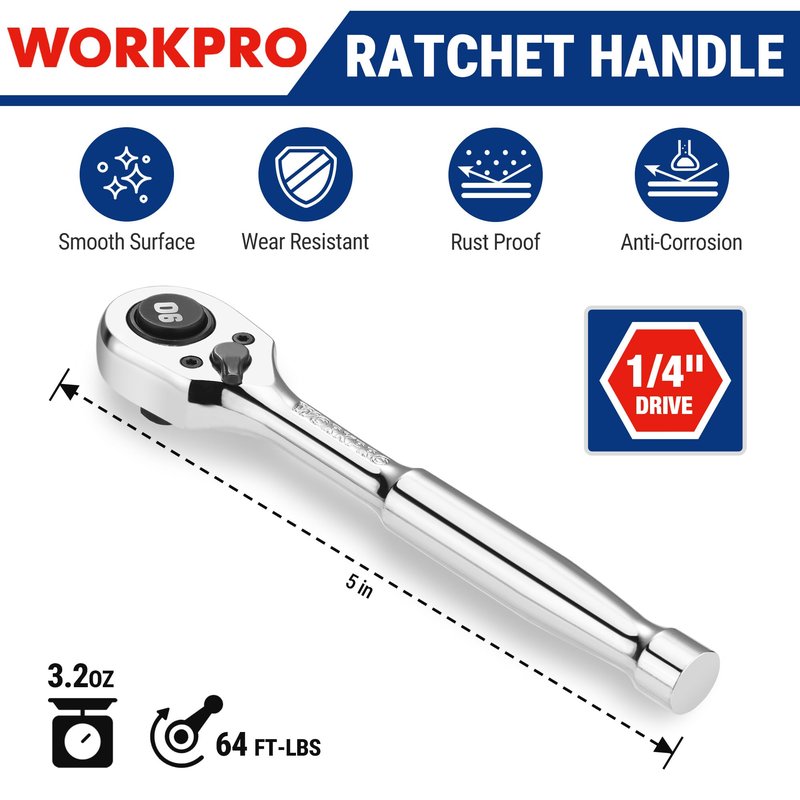 WORKPRO Low-Profile 1/4-Inch Drive Ratchet, 90-Tooth Quick-Release Ratchet Wrench, Reversible, 4° Swing, CR-MO Compact Drive Head, Full Polished, Gifts for Men