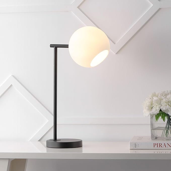 JONATHAN Y 20.5" Black Modern Metal Marble LED Bedside Table Lamp for Bedroom, Frosted Glass Globe Shade, Minimalist Scandinavian Lamp for Living Room (JYL1000B)