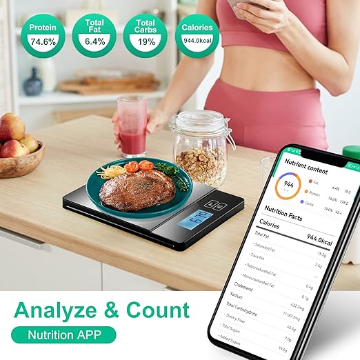 Smart Food Scale with Nutritional Calculator, Digital Kitchen Scale with Bluetooth App for Weight Loss, Food Weight Scale for Diet, Keto, Macro, Calories Counting, Tracking, Stainless Steel