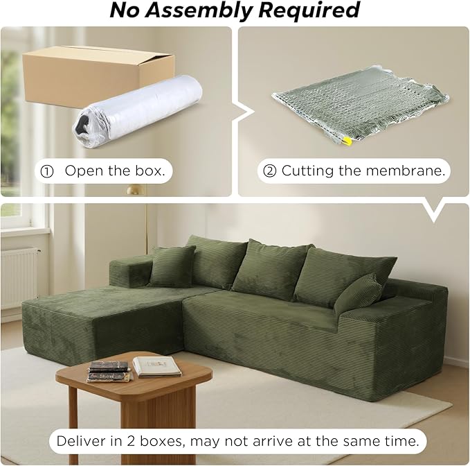 Green Sectional Couches for Living Room, Boneless Couch with L-Shape Chaise, Modular Sofa in Box with Deep Seat, No Assembly Required
