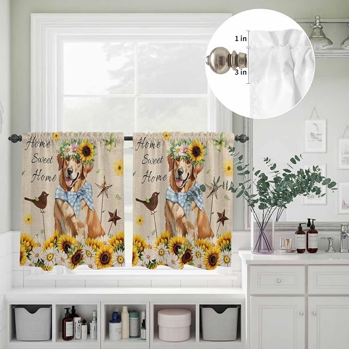 Kitchen Curtains Tiers and Valance Set of 3, Sunflowers Dog Light Filtering