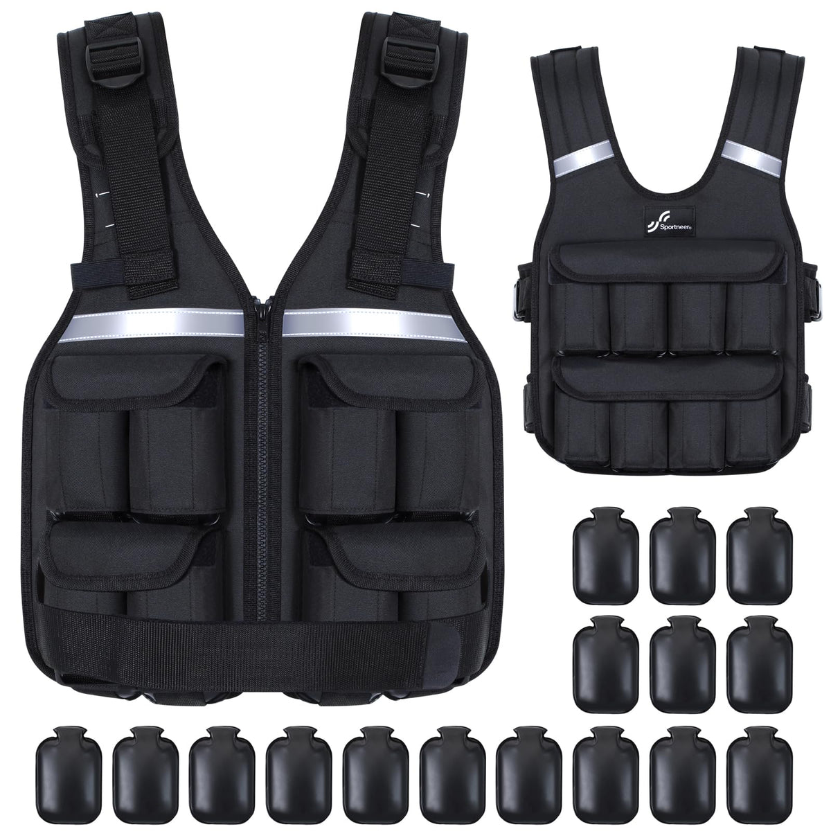 Sportneer Adjustable Weighted Vest Weights: 2-18 lbs/2-42 lbs Washable Weight Vest for Walking 16 In 1 Fast Adjust Rucking Vest for Women and Men Home Gym Running Jogging Strength Training Vests