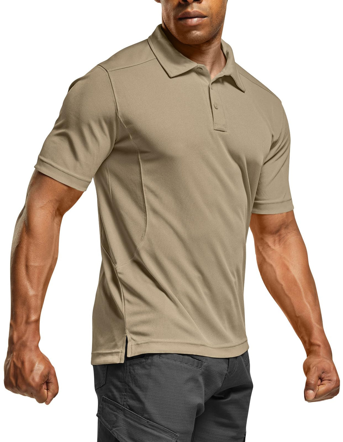 CQR Men's Quick Dry Tactical Polo Shirt, Lightweight Breathable Performance Polo, Short Sleeve UPF 50+ Outdoor Golf Shirt, Frost Essential Khaki, Small