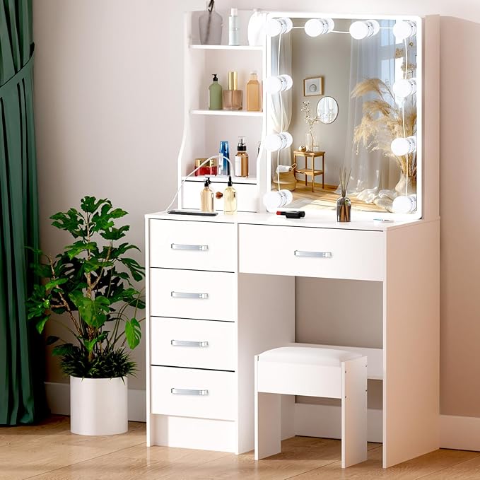 Vanity Desk with Mirror and Lights, White Makeup Vanity with Power Outlet and 3 Lighting Modes, Vanity Table with 6 Drawers, Storage Shelves and Vanity Stool, Dressing Table for Girls, White