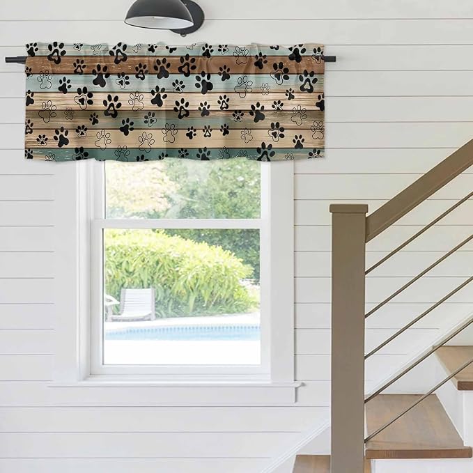 Dog Paws Valances for Windows, Teal Brown Wood Grain Kitchen Valance Light