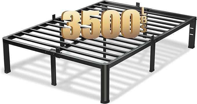 16 Inch Full Size Bed Frame, 3500Lbs Heavy Duty Metal Platform with Round Corner Legs Mattress Slide Stopper, Steel Slat Support No Box Spring Needed, Noise Free, Non-Slip, Easy Assembly