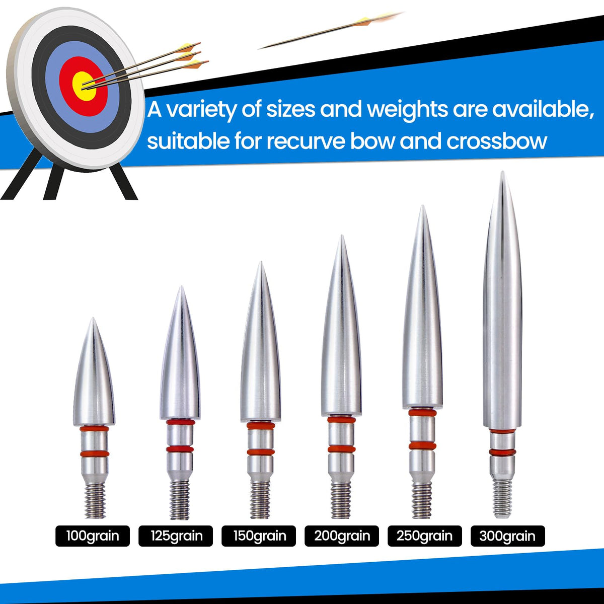 JGSDD 12pcs Archery Field Points, 100/125/150/300 Grain Field Points, Screw-in Archery Field Broadheads for Recurve, Compound Bow Crossbow, Archery Target Crossbow Practice Tip (19/64-125grain)