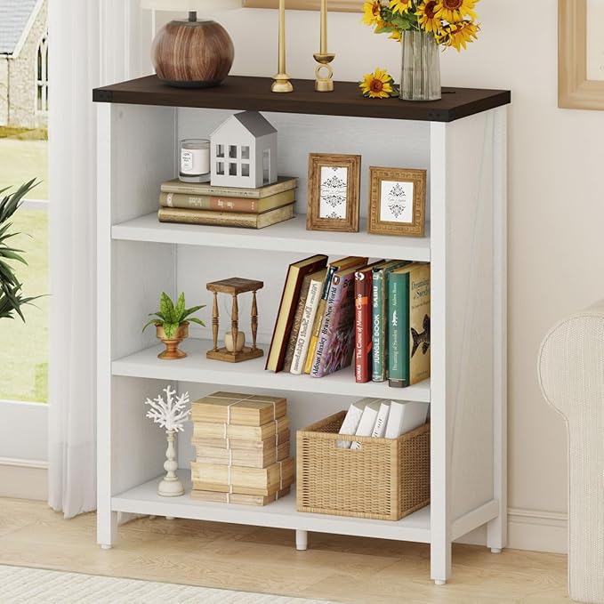 BON AUGURE Farmhouse Bookshelf, 3 Tier Bookcase, Wood Low Book Case, Short Storage Book Shelf for Home Office, Living Room, Small Space, Bedroom (White Oak and Walnut Brown)