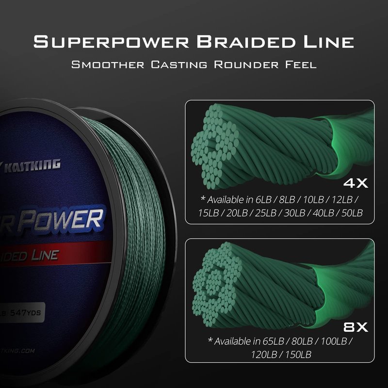 KastKing Superpower Braided Fishing Line, Moss Green, 65 LB, 500+47 Yds(8 Strands)
