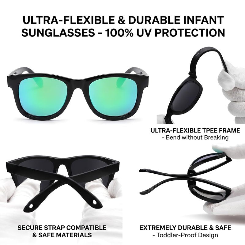 GLARDEFE Polarized Baby Sunglasses with Strap - Unbreakable Infant Sunglasses for Newborn Toddler Boys Girls Age 0-12 Months(Black/Green Mirror + Black/Grey + Black/Blue Mirror)