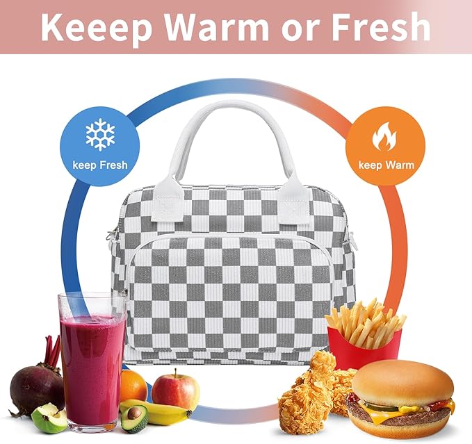 Lunch Bag Women Lunch Box for Women Adult Cute Insulated Lunch Bag Lager Cooler Lunch Tote Bags for Work Picnic (Beige-Gray Plaid)