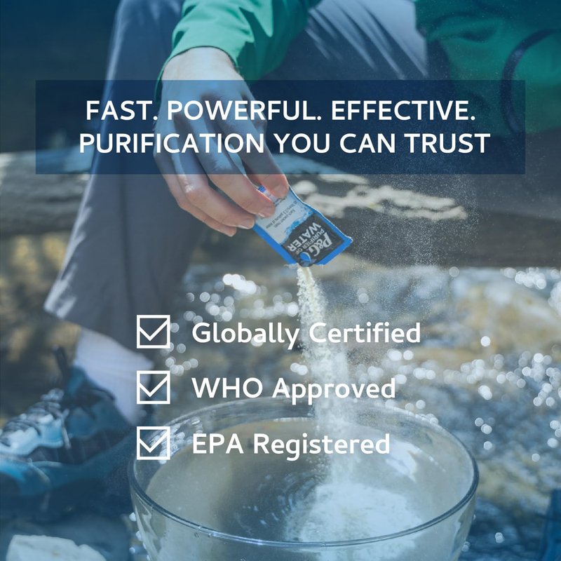 P&G Purifier of Water Portable Water Purifier Packets (240 Packets) - Emergency Water Filter Purification Powder for Emergency Kit, Survival, Camping, Hiking, Backpacking, and Disaster Preparedness