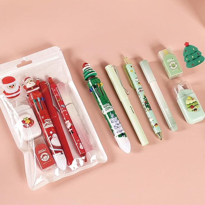 7 Pcs Cute Xmas Stationery Set Kawaii Christmas School Supplies Office Supplies Including Ballpoint Pens Pencil Sharpener Highlighter Correction Tape Eraser (X-mas(Red))