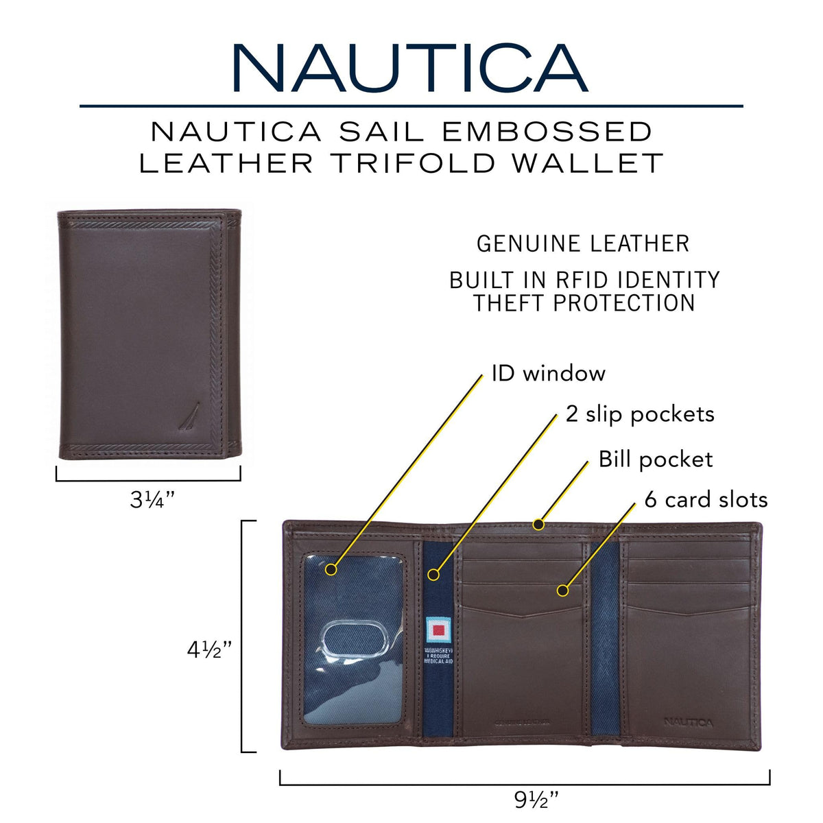 Nautica Mens Classic Sail Trifold Wallet | RFID Blocking Protection | ID Window | 6 Card Slots | 2 Slip Pockets | Genuine Leather | Organization | Durable | Stylish - Black