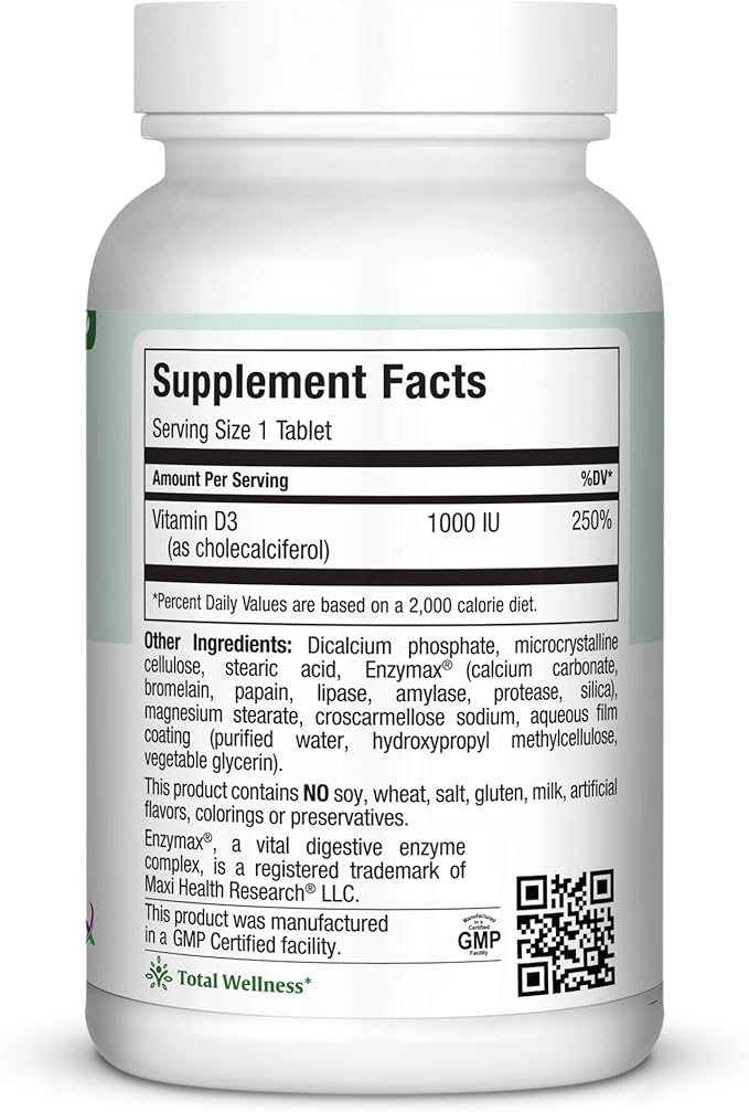 Maxi-Health Vitamin D3 1000 IU - for Healthy Muscle Function, Bone Health and Immune Support – 360 Tablets – Best Kosher Supplement for Adults