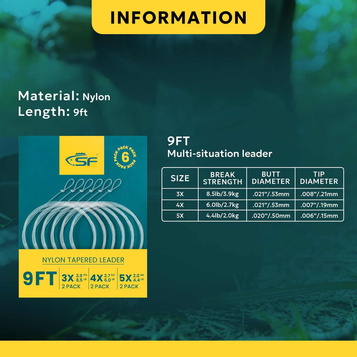 SF 9FT 3X 4X 5X Pre-Tied Loop Fly Fishing Tapered Leader Nylon Monofilemnt with T Holder Spools 6 Pack Combo